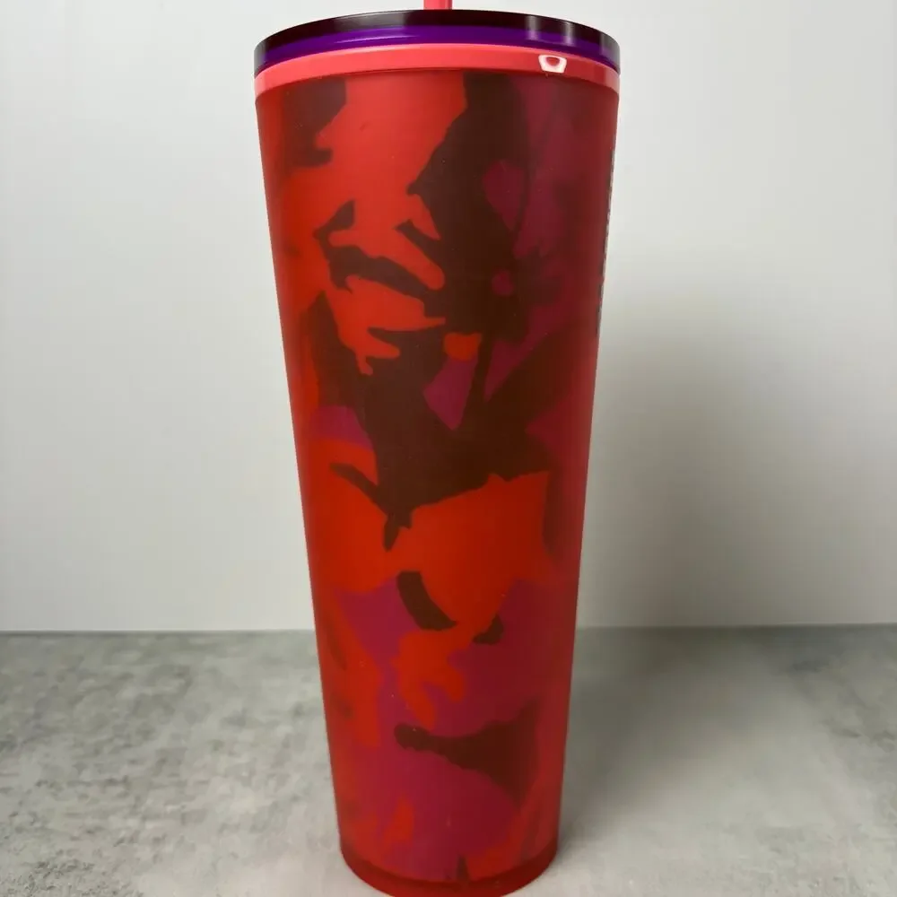Starbucks 2022 Spring Red Floral Soft Touch Venti Cold Cup Tumbler 24 oz Matte